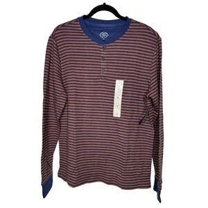 St. John's Bay Henley Shirt Mens Medium Long Sleeve Blue Brown Striped MSRP-$30